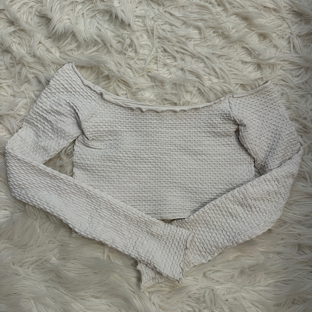 Free People Intimately White Textured Long Sleeve Crop Top